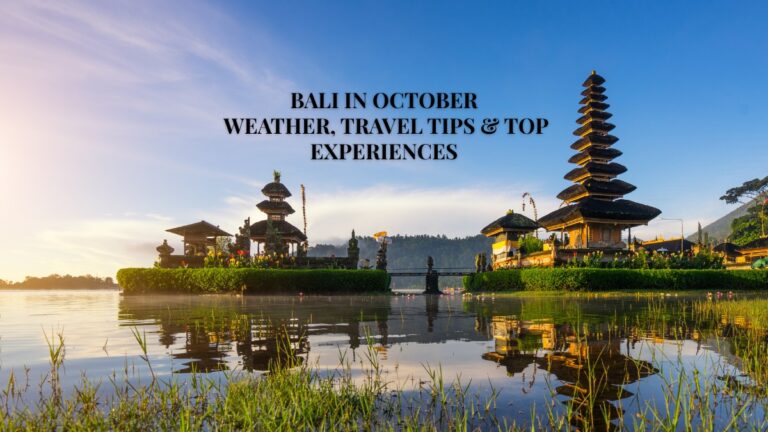 Peaceful sunrise view of Ulun Danu Bratan Temple in Bali surrounded by water and greenery, highlighting October travel charm