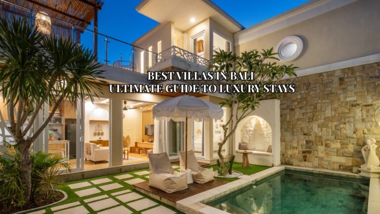 Luxury villa in Bali with private pool, elegant outdoor lounge, and modern tropical architecture at sunset.