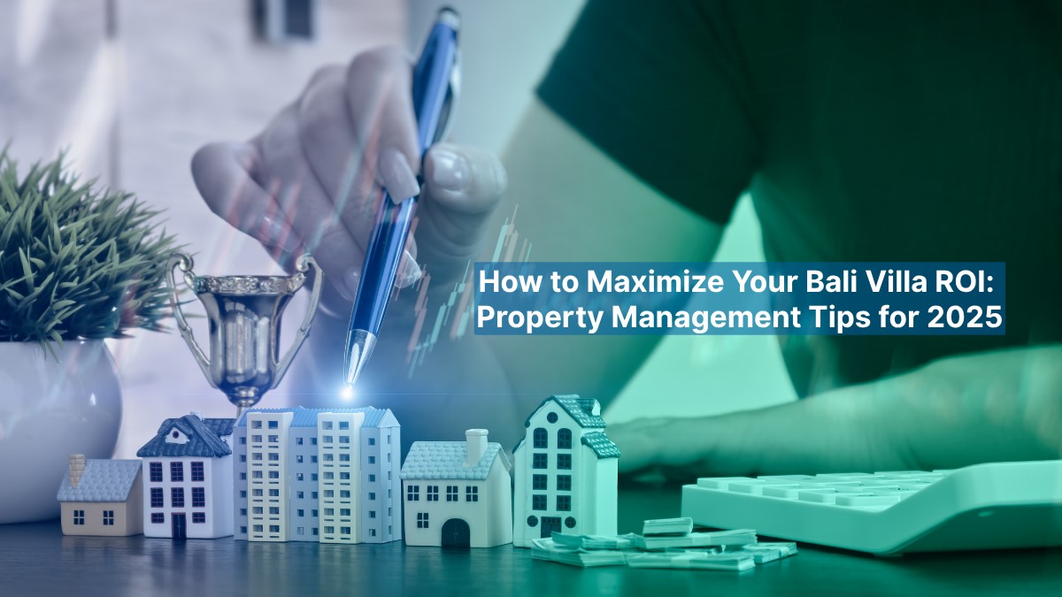 Person analyzing property investment with miniature houses, trophy and calculator, symbolizing Bali villa ROI.