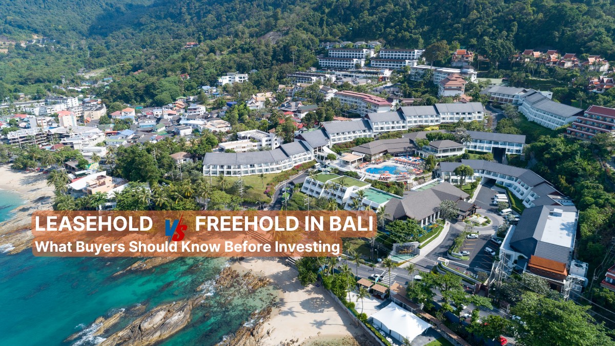 Aerial view of Bali coastline and villas with text about leasehold vs freehold property investment.