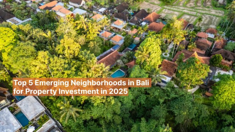 Aerial view of lush Bali neighborhoods with villas and greenery, highlighting top areas for property investment in 2025.