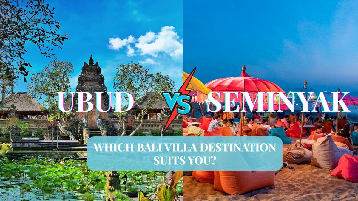 Split image showing Ubud temples and Seminyak beach bars comparing Bali villa destinations for travelers.